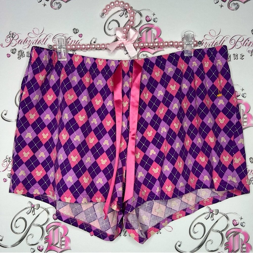Disney shorts Minnie Mouse ears argyle print pink purple pattern silky tie